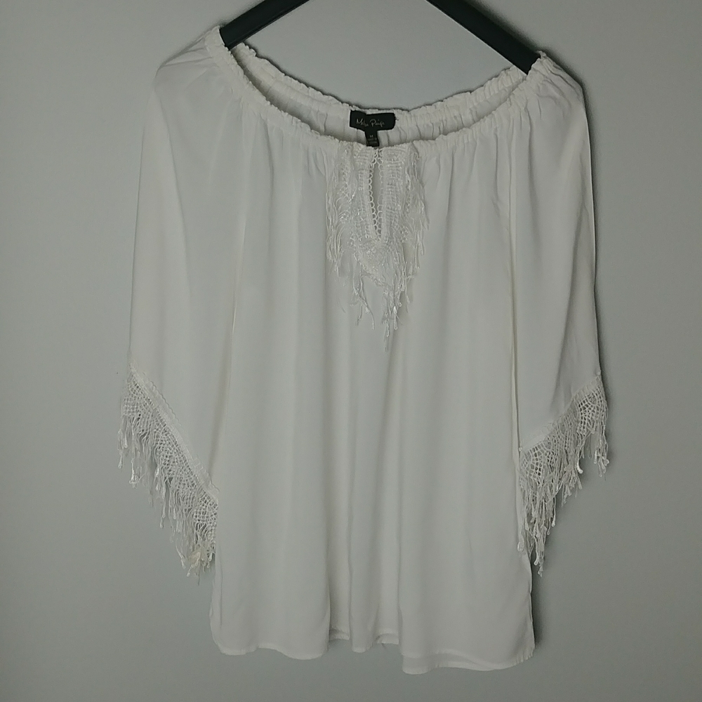 Melissa Paige Boho Fringe Along Neckline And Hem Of Sleeve